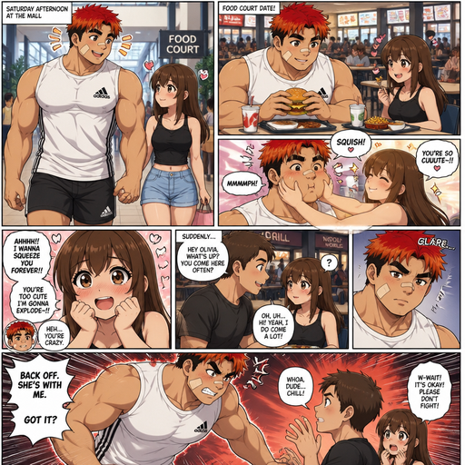 A Full page Anime Comic book story about of a masculine and Bulky ANIME Cute Bara Man American 20 year old with a ROUND and BASIC facial structure and TENAGE BARA CUTE MALE not to detailed With bigger than average Pecs that are visible through the shirt and Biceps and a big Bandaid on his nose and Left Cheek and Right Eye brow. Wearing a no piercings Baggy White Adidas Sleeveless Shirt and Shorts and Red Hair and Bright Orange Hair Tips and Strait with brown eyes and black eyebrows. At the Mall Together, and he is holding hand with his Olivia his Crush. Both At the food court eating food and he puffs his cheeks and she Squish his cheeks. And the Has Cuteness aggression, and there is some guy starts to Talk to Olivia and of he sees him He gets mad at him