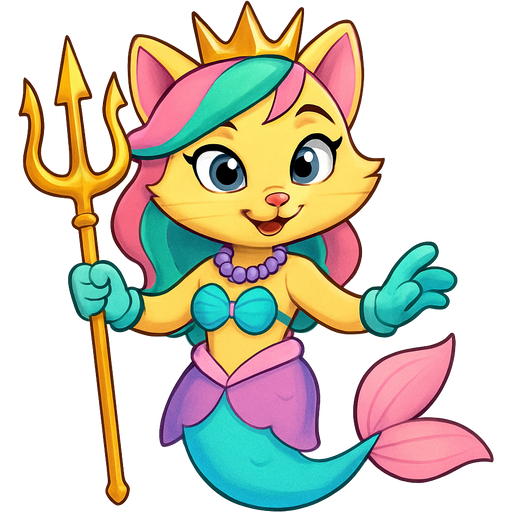disney style version light yellow anthro cat with pink and green and yellow hair blue green eyes golden crown with light purple necklace light cyan braclets cyan and pink dress with purple and pink skirt attached to cyan and light blue mermaid tail with pink tail fins pink and cyan gloves holding a golden trident disney style version