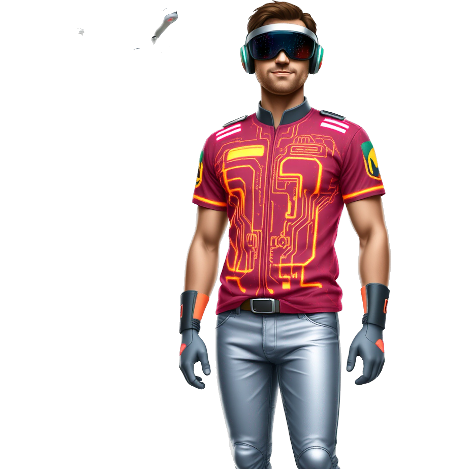 Matt Sturniolo is adorned in a futuristic Matthew 4 shirt that glows with neon circuits. He wears sleek, metallic pants and high-tech boots, topped with a holographic visor displaying digital streams. Surrounding him are orbiting drones and cosmic stars, creating a captivating sci-fi atmosphere. 🚀✨