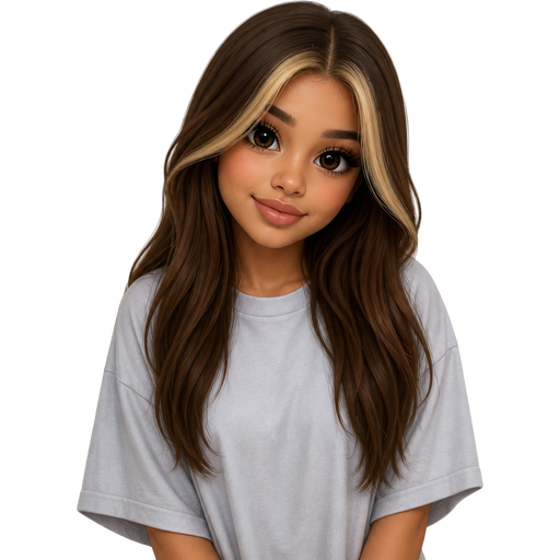 Create a girl with brown hair and blonde money piece with big brown eyes long lashes with nice lips wearing an oversized t shirt