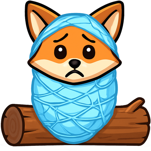 #B8FFFF cocoon wrapped up orange fox worried covered with #B8FFFF coated with think coat of #B8FFFF webbing and silk stuck in a log