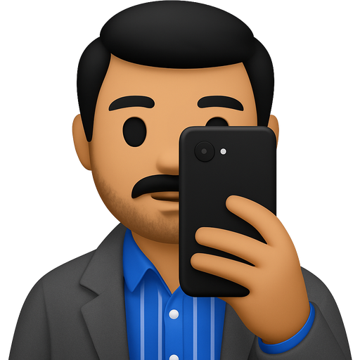 A man with olive skin , black moustache and stubble, and black hair. He is wearing a royal blue dress-shirt with white vertical stripes and a grey coat over it. He is taking a selfie with a black google pixel phone which is hiding his face!