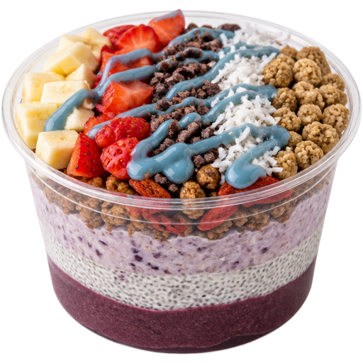 Smoothie Bowl in a Clear See-Through Plastic Bowl Layered with Acai, Vanilla Chia Pudding, Mulberry Overnight Oats, Goji Berry Granola, Diced Bananas, Diced Strawberries, Shredded Coconut, Cacao Nibs, Blue Majik Drizzle and Mulberries on Top