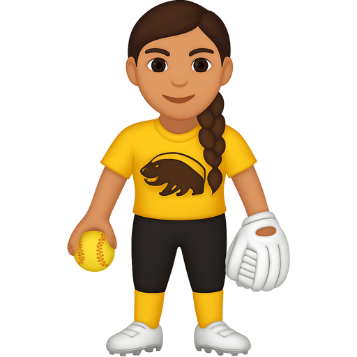 Girl with brown hair, braid tan, black pants, yellow socks, white cleats, yellow shirt that has honey badgers, and a white glove softball glove