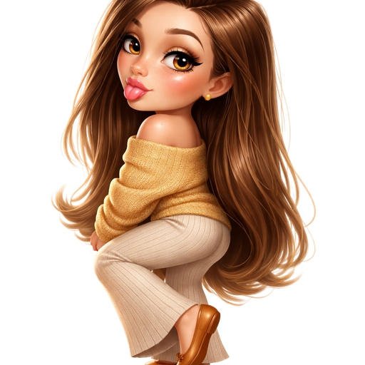 side view looking over shoulder blowing a raspberry with hair completely swept over shoulder: semi-realistic soft cartoon luxury glam, mini plush Bratz-doll aesthetic, cinematic glow, crisp clean detail, glossy glam skin. brown eyed Petite 5ft girl, fair skin with soft freckles, wide face with tall forehead, honey-brown almond wide-set upturned eyes, fluttery lashes, shimmer highlight, plush lips, bottom heavy lip, sweet Belle-princess vibe, long straight brunette hair with visible light blonde highlights, side-part hair all swept to the side over shoulder softly defined feminine body, full round bust, wearing oversized brushed knit sweater in warm honey gold with slouchy shoulders, ribbed knit flared pants in soft oatmeal, ballet flats in caramel leather. Cozy romantic glow, soft warm lighting, pop-princess energy