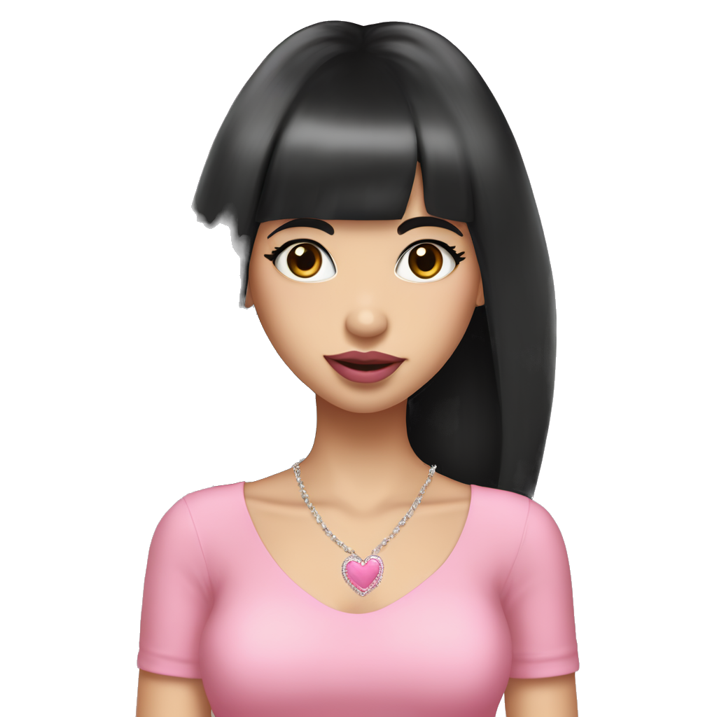 So White skin girl have really long long eyelashes and black middle hair with bangs and pink lipstick on her lips and small nose, her eyes colour black and wearing a pink dress with necklace She puts her hand in her hair as if she is combing it ,and She has so pink cheeks with pink hearts around her head and she look so so so shy