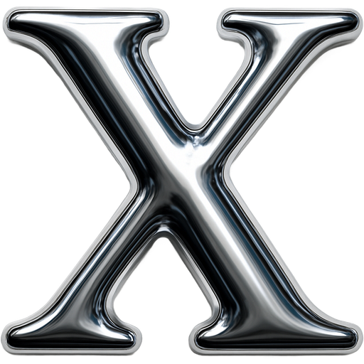 High shine chrome Capital X in serif font. Strong top left light source, medium pillow inflation, high contrast reflection, soft bevel fully rounded