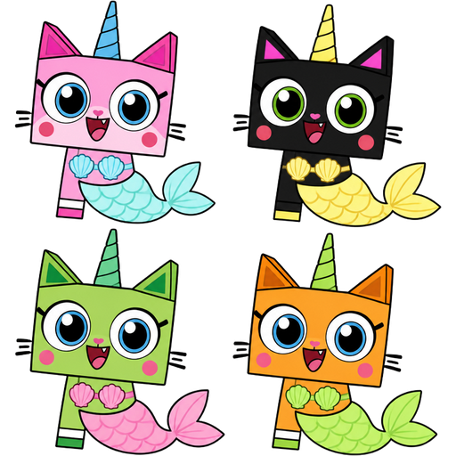 pink cat with light cyan mermaid costume
black cat with light yellow mermaid costume
green cat with light pink mermaid costume
orange cat with light green mermaid costume
unikitty style