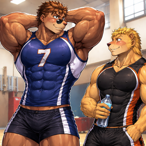 A Full BODY and FACE of a Muscular and Buff and a Gigantically Muscular with Chunky Gigantic Pecs AND biceps and a BIGGER head with the Perfect Waist. VERY Masculine and handsome ANIME Bara Furry Grizzly Bear with a VERY Good-looking and Mature Face and brown eyes with a wrestler type body. Wearing a Short Volleyball Jersey. With his crush that is a lion with very short hair like him. Blushing as one stretchies