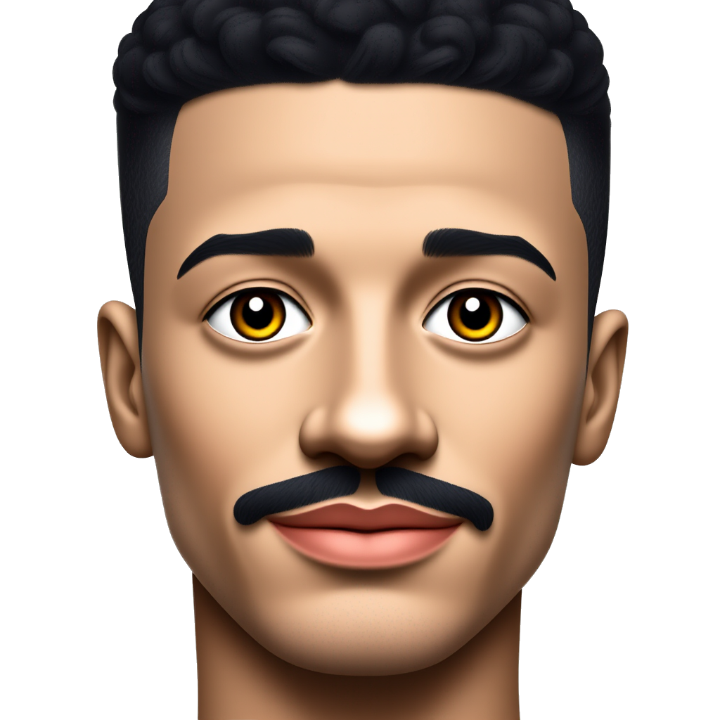 A young man’s face, diamond face shape with texture crop haircut, curly black hair, almond-shaped hazel eyes with a tall lashes, thick black eyebrows, a slightly broad short nose, slightly large pink lips, and a black mustache with a kinda shaved beard .
