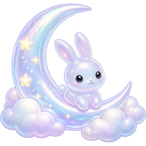 A pearlescent glass moon bunny with glowing stars, fluffy clouds, iridescent shimmer, soft pastel blue and lavender, dreamy celestial aesthetic, cute minimal 3D emoji ππβ¨