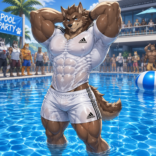 A Full BODY and FACE of Buff Gigantic Pecs AND biceps and a Perfect Waist. Masculine ANIME Bara Furry Brown Wolf. Wearing an Adidas White Shirt and shorts at a pool party. Drenched in water. Stretching with his hands behind his head in the pool