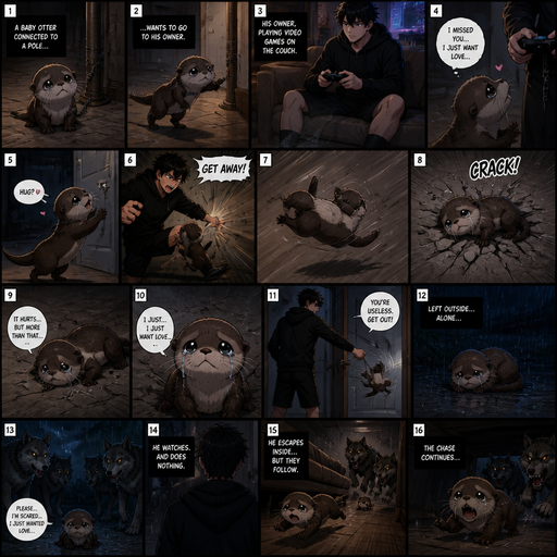 A comic book Picture by picture and shows impact of a A baby otter that is connected to a pole and went to his male Cute and Handsome wearing a Black Hoodie and Shorts owner who was playing video games on he couch in his house to go and the otter tries to hug him but the otter was pushed away flys to floor and cracks. And the otter doesn’t get up and the otter talks about how it just wants love. And the owner throws him outside and he Cries and curls up while wolves surround him, and then the wolves And the Owner watches everything unfold and the otter Escapes inside and he goes under the couch and the wolves follow the otter and chases the otter