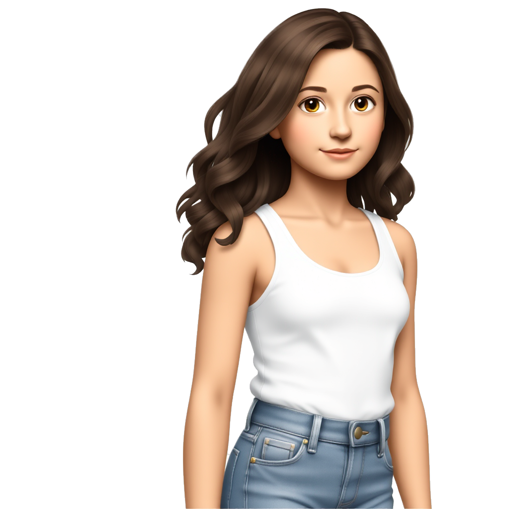 A pretty teenage girl with thin dark brown wavy hair dark brown eyes and a white tank top with jean shorts