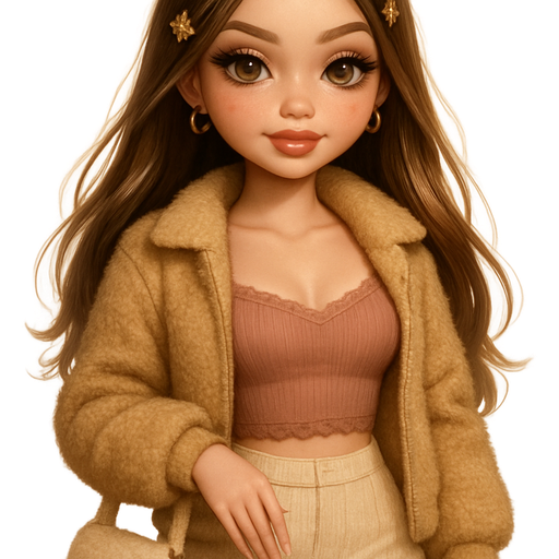 luxury glossy bratz-anime romantic aesthetic, warm cinematic glow, crisp clean detail, glossy glam skin. Petite girl, fair skin with soft freckles, wide face with tall forehead, honey-brown almond wide-set upturned eyes, fluttery lashes, shimmer highlight, plush lips, bottom heavy lip, sweet Belle-princess vibe, long straight brunette hair with visible light blonde highlights, softly defined feminine body, soft hourglass shape with full round bust, honey beige teddy jacket (soft, plush texture) layered over a muted rose cropped camisole (delicate rib knit with micro lace trim), cream corduroy mini skirt, suede toffee thigh-high boots, loose down waves, middle part, mini gold butterfly clips scattered throughout, small gold hoops, cream fuzzy mini bag, rose-tinted gloss, almond-shaped nude nails, pop-princess energy, shimmer highlight, sparkly glow