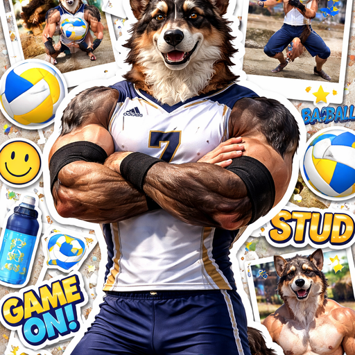 A Full Body and Facial Wallpaper of a Hunky and Chunky a Very Hot and Handsome German Shepard mixed with a Australian Shepard bara furry who is a Volleyball College player and Extremely muscular but not to muscular and Extremely Masculine and Handsome and Ginormous Arms and a Rounded Pecs very Short Strait Hair but tall and a little bit lean. Wearing Tight Adidas Volleyball Jersey that is short at the waist with Armbands. Crossing his Arms