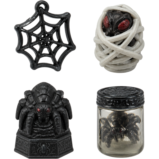 moose toys treasure x 4 non gold treasures they have a spider theme 1 spider web charm 2 fly wrapped up in a spider web cocoon 3 spider idol 4 spider jar