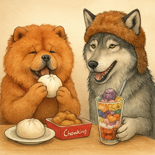 A chow chow dog and a wolf with pelt hat enjoys chowking and chow chow eats siaopao and wolf eats halo-halo