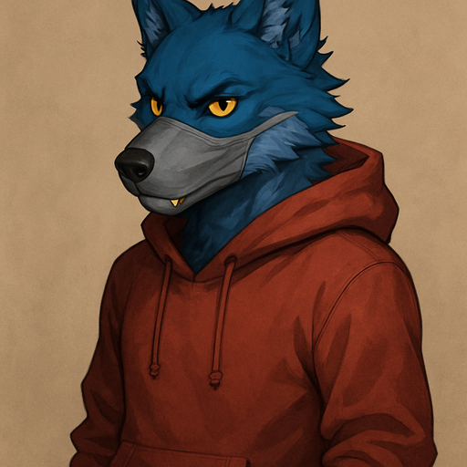 A blue wolf wearing a black shirt or black pants that wears a grey mask and red hoodie and wolf that have yellow eyes and 1 gold teeth sharpen 6 white teeth sharpen