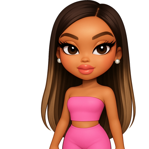 ghibli style bratz | glamorous medium tan lady | long straight dark brown + blonde balayage hair | pearl studs | rosy clear lip gloss | bubblegum pink tube top | bubblegum pink leggings