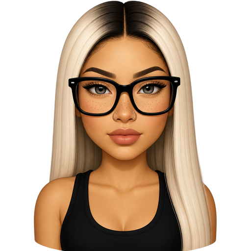 30 year old latina baddie with slim face and slightly full lips a slight bumpy nose round face cheek bones with dark freckles almond shaped with light GRAY colored eyes lashes shiny nose piercing fair skin with freckles across nose with shiny nose ring and very long straight icy blonde hair and dark roots parted in the middle serious and large black glasses wearing a black tank top