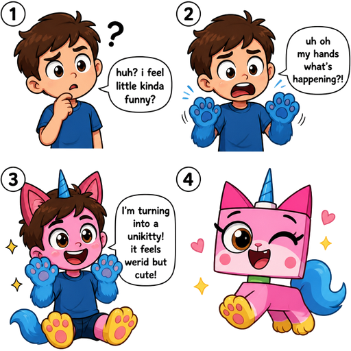 comic transformation 1 boy huh? i feel little kinda funny? 2 boy with blue hands to paws uh oh my hands what's happening?! 3 boy happy with blue hands to paws feet to yellow paws pink cat ears blue unicorn horn pink skin I'm turning into a unikitty it feels werid but cute! 4 unikitty
