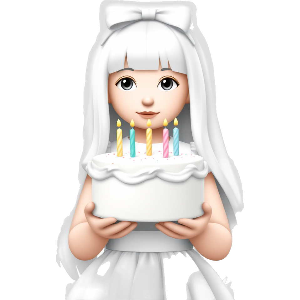 A white girl with long white hair and a bow on her head. She's wearing a white dress, holding a birthday cake in her hands