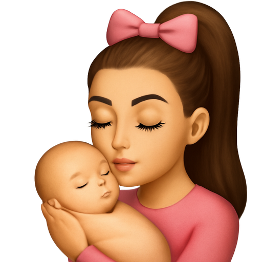 Beautiful brunette with long lashes high ponytail and pink bow on top , light skin , nude lipstick holding newborn baby,pink top