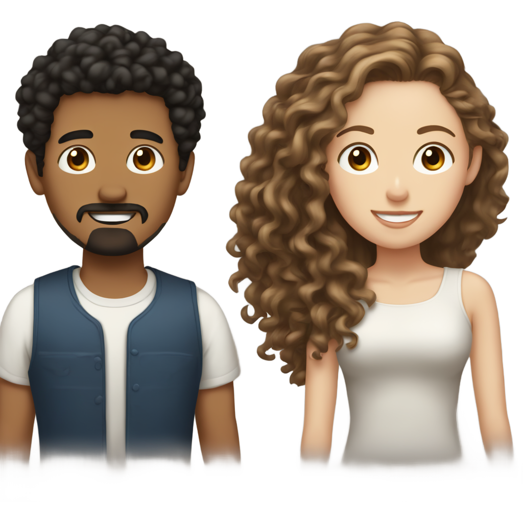 light brown guy with curly black hair, a goatee, and brown eyes and a white girl with wavy long brown hair