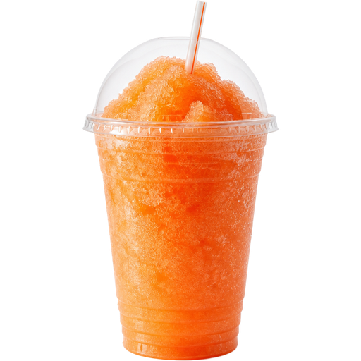 Peach Iced Tea Shaved Ice Slushie in a Plastic Cup and Plastic Dome Lid with a Straw Mixed in with Extra Syrup