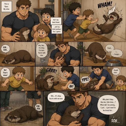 A DETAILED AND LIFELIKE ANIME Comic Book story view of a Bulky but Muscular ANIME Cute Bara Man With Peach toned skin Who looks Normal aind round facial Structure and Basic facial structure With Puffy and Big Pecs that are visible through the shirt and Biceps and Bandaid on his nose and Brown short hair that makes them look tough. Wearing normal With his pet Grown and healthy realistic otter and 2 little brothers that are in different ages but young. Then the otter flys to the wall from the little Brothers, and lays there and cries. And is comforted by the big brother again. And tries to walk to his Bowl of Food but one of the brothers stops and he doesn’t make it. And the otter defends himself and then cries when he’s outmatched a looses. Limps to big brother, and cuddles and cries in his lap talking about not being loved