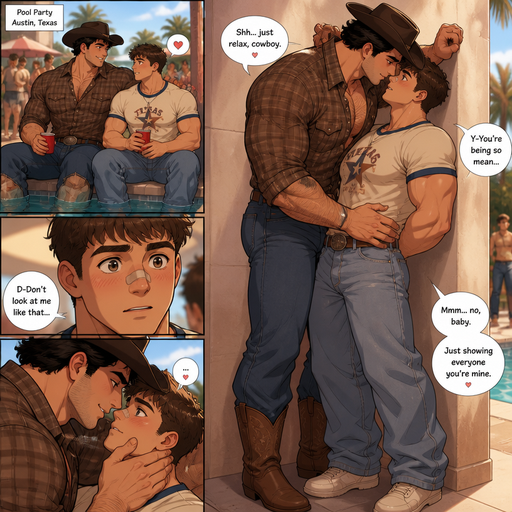 A Full Body anime comic book of a Tall Beefy and Bulky but Muscular and ANIME Cute Bara Cowboys in Baggy Clothing Who looks Normal and American with a round facial Structure and Basic facial structure With Puffy and Big Pecs that are visible through the shirt and Biceps and Bandaid on his nose and slim and thin waist. Both Siting at a Pool party with his Crush and pins him to a wall his Boyfriend hush him around the waist and towers over him