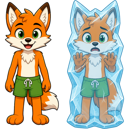 orange anthro fox with green eyes green shorts front view next to orange anthro fox with green eyes green shorts frozen in ice cocoon shaped like a anthro fox front view
