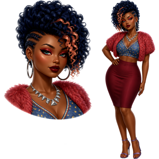 Peach Trifle with a Dark-Deep Neutral Nutmeg Skin Tone and a Uni-Lip Shape and a Staggered Eyelash Style Look with a Dark Red Matte Lipstick and a Soft Red Red Eyeshadow with an Arched Eyebrow and a Monolid Eye Shape and a Triangular Face Shape with a Dark Blue Afro-Textured Puffy Curly Side-Parted Mohawk with the Sides of her Hair Braided and Peach Highlighted Streaks in the Front Tips of her Hair With Teal Eyes and Sterling Silver Hoop Earrings Wearing a Blue Crinkle Fabric Designed Crop Top with Printed Pattern of Yellow Confetti Shaped Pieces Surrounded it and a V-Neck Lining also Wearing a Reddish Pink Short Sleeve Faux Fur Coat With a Burgundy Pencil Skirt and Purple Strapped Heels Wearing a Sterling Silver Triangular Shapes going Throughout the Necklace and a Luminous Glazed Complexion with a 3D Naturalistic Animation and a Mature Adult Curvy Toned Build with a Luxury Glossy and a Refined Pristine Set Up with a Theatrical Appearance