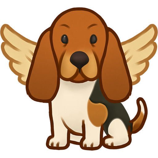 Entire basset hound head and body, all face and nose are brown, her body is tri colored, with angel wings
