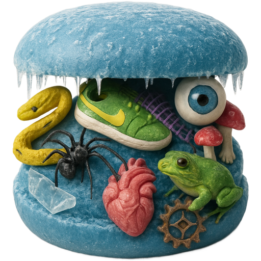 blue hamburger bottom bun with yellow snake green and yellow shoe dead spider purple fishbone red mushrooms blue eyeball green frog pink human heart rusty gear broken glass frozen blue hamburger top bun with icicles