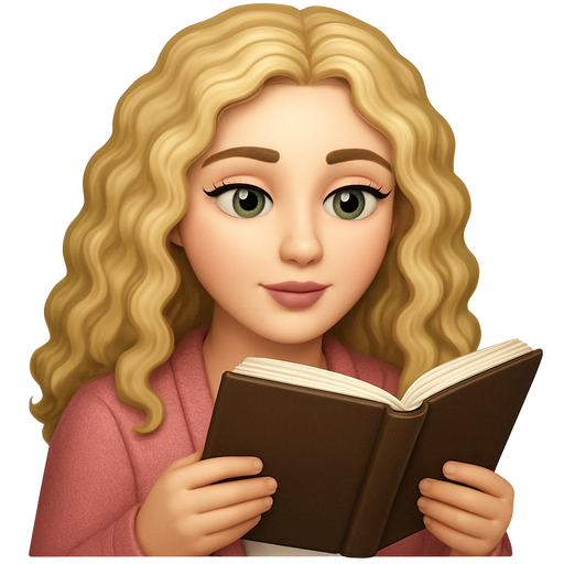 Woman with long light blonde curly hair and fair skin and green eyes and dark eyelashes, wearing a soft rose cardigan, reading a book.