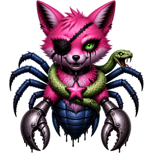 pink fox furry star necklace with eyepatch light green snake blue spider hybrid body with metal crab claws