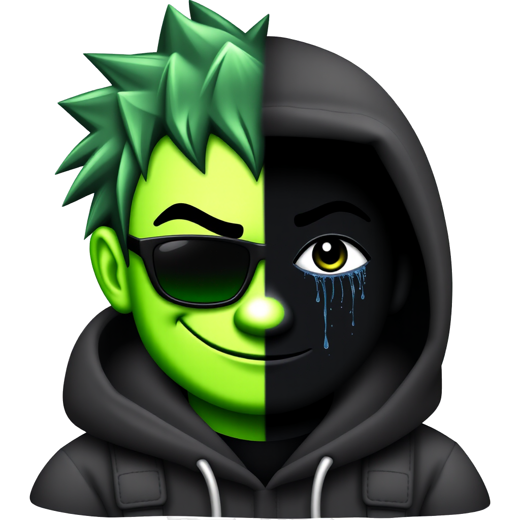 Meet the dual-faced emoji: one side a neon green punk with wild hair and dark shades, exuding a mischievous smirk and rolling eyes, while the other side is a deep black silhouette with glittering tears, adorned in a stylish oversized hoodie and dripping with the rhythm of Billie Eilish. πππ€ππ’π€π΅πΆπ§βπ€