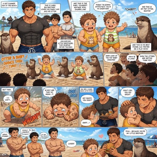 DETAILED AND LIFELIKE show everything and picture Long and detailed anime Comic Book story view of a Bulky but Muscular ANIME Cute Bara Man With Peach toned skin Who looks Normal aind round facial Structure and Basic facial structure With Puffy and Big Pecs that are visible through the shirt and Biceps and Bandaid on his nose and Brown short hair that makes them look tough. Wearing normal With his pet Grown and healthy realistic otter and 2 little brothers that despises the baby and the baby knows and baby that are in different ages but tanky and Big ARMS BUT PERFECT WAIST AND ABS young. The baby is with his best friend baby on a play date and they are wearing cute summer clothes and the baby tells the baby‘s best friend and the otter Introduces his friends at the beach and there art 3 otters and Baby’s and they perform a fun dance routines infront of some guys. Amd it‘s childish and the baby looks scared, and flys into the dirt and cries while big bro is getting food and they make funnof them for it and it hurts so much but big bro loved it