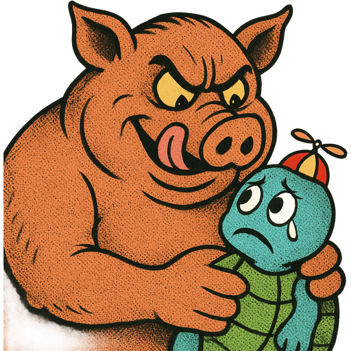A titan sized fat boar holding a young blue turtle wearing a propeller beanie. The boar is evil and licks his lips as he stares deep into the crying turtle’s eyes