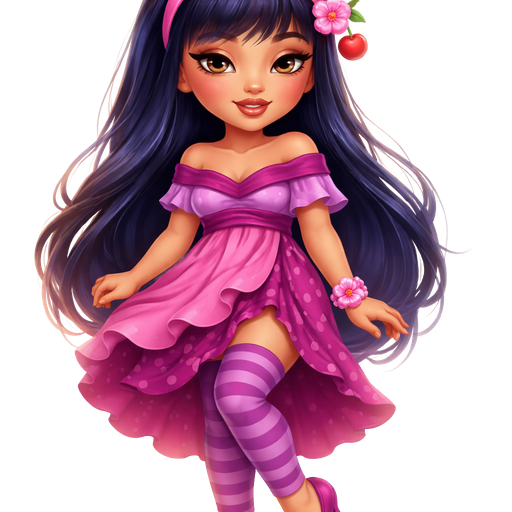 Cherry Jam with a Medium-Tan Cool Almond Skin Tone with a Wide Lip Shape with a Voluminous Wispy Eyelash Set Up and a Pink Lipstick with a Brown Lip Liner with a Brown Eyeshadow and a Natural Eyebrow Shape with a Monolid Eye Shape with a Diamond Face Shape with Long Dark Blue Hair Including Bangs Wearing a Pink Crescent Shaded Headband with a Pink Cherry Blossom Flower on the Right Side of it With a Cherry Right Beside It Wearing a Multi-Layered Dress Parted on the Side from one of the Layers Which Consists of the Neck-Line Being Magenta With a Purple Stripe Going Across With One of the Layers Being Pink and The Parted Layer is Magenta With a Printed Pattern of Purple Polka Dots Wearing a Pink Cherry Blossom Ring with Purple and Magenta Striped Leggings Wearing Magenta Flats With Curtain Designs and Mature Adult Toned Build and a Cinematic Glow with Radiant Lighting