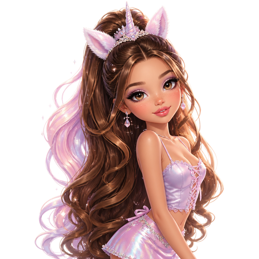 semi-realistic soft cartoon luxury glam, mini plush Bratz-doll aesthetic, cinematic glow, crisp clean detail, glossy glam skin. brown eyed Petite 5ft girl, fair skin with soft freckles, wide face with tall forehead, honey-brown almond wide-set upturned eyes, fluttery lashes, shimmer highlight, plush lips, bottom heavy lip, sweet Belle-princess vibe, long straight brunette hair with visible caramel highlights, wearing a pastel lilac and blush satin lace-up cami, a matching iridescent mini skirt with crystal trim, crystal earrings, a unicorn horn, fluffy pastel ears, a flowing pastel ponytail mane effect, hair in glossy long curls with a high half-up ponytail, makeup with lilac shimmer, doll lashes, cool pink blush, and a glossy pink lip, posing with magical princess energy and a dreamy sweet expression