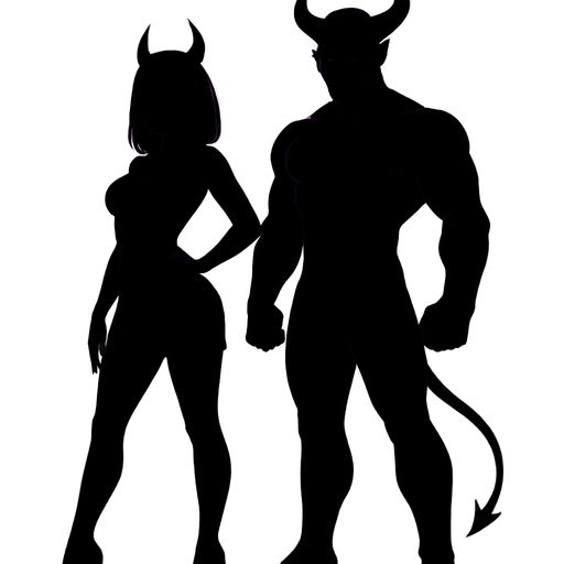 Silhouette of a human devil couple, male and female with horns, dark and dominant style. The woman is sexy, wearing a short tight dress, high heels, medium-length straight hair, confident and dominant posture. The man is imposing, muscular, with prominent horns, menacing gaze. Both are backlit, appearing as black silhouettes, with a deep purple gradient background. Evil, powerful, and seductive atmosphere, chiaroscuro details, soft lighting outlining the figures without showing faces