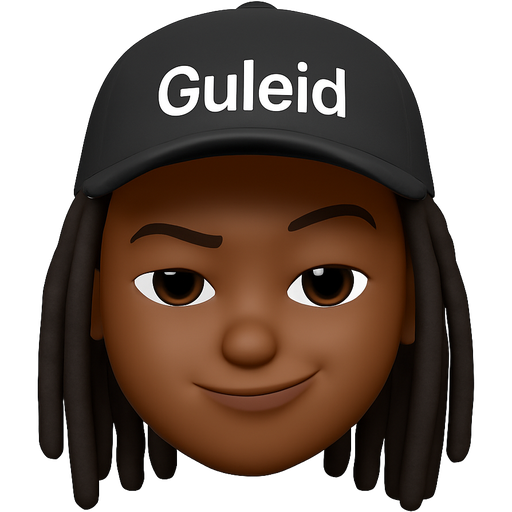 Create an emoji with black dreads wearing a cap written name Guleid in small letters, skin tone melanin , eyes cheeky, no beard at all