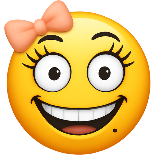 A smiley emoji with mascara and a lip mole, smiling but with a ‘crazed’ facial expression (like pretending to be okay) and she has a light peachy baby pink bow