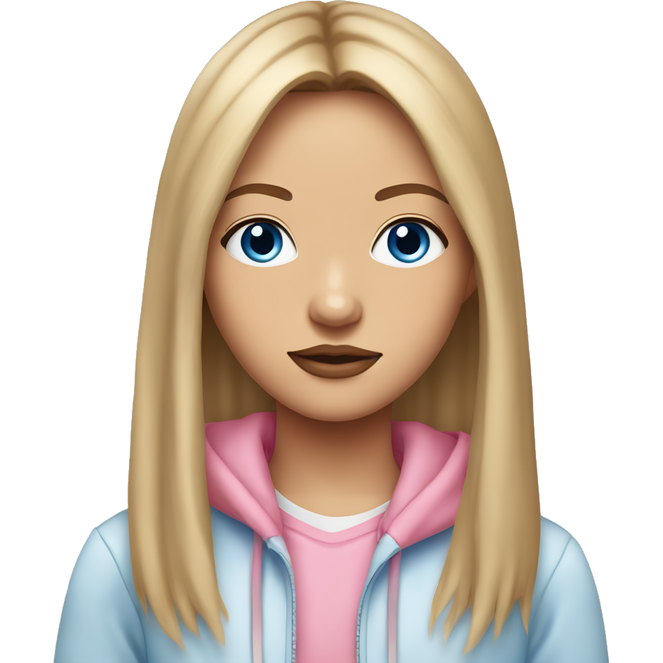 Girl with shoulder length dirty blonde straight hair parted in the middle with curtain bangs, blue eyes, pink and white hoodie, light pink lips