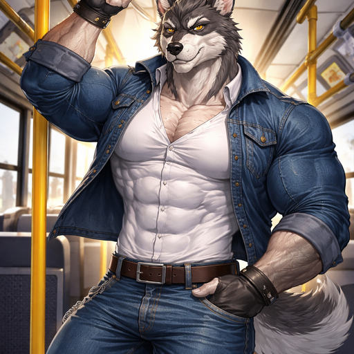 A Full Body Image of a Hunky and Chunky a Gray Wolf who is a Bodybuilder who is a very Masculine and Handsome with Ginormous Arms and a Rounded and Wide Chest Short Strait Hair. Wearing a Tight button up White Shirt and Jean Jacket over that with Jeans. Hanging on a Bus Railing