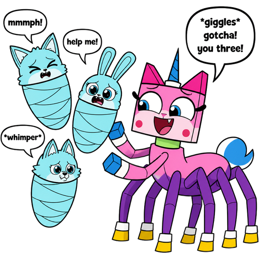 non-transparent light cyan cocoon shaped like fox the non-transparent light cyan cocoon shaped like fox says mmmph! non-transparent light cyan cocoon shaped like rabbit the non-transparent light cyan cocoon shaped like rabbit says help me!
non-transparent light cyan cocoon shaped like wolf the non-transparent light cyan cocoon shaped like wolf says *whimper* next to pink cat white wrists blue hands white ankles yellow feet green collar unicorn drider hybrid giggling saying *giggles* gotcha! you three! unikitty style
