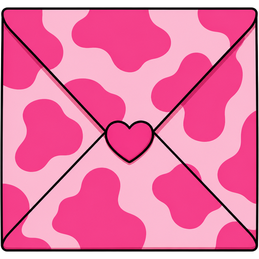 ghibli style | bubble-gum-pink and hot pink cow print square envelope | eye-level view | pov: close-up + front and center | ghibli style | vector-cartoon | matte cel-shading | bold smooth black outlines